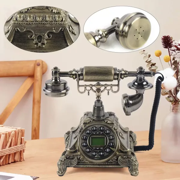 Nostalgický vintage tlačítkový telefon Zoufalý hnědý dekorativní telefon na pevnou linku, velikost 25,5 x 17,5 x 20,5 cm (tmavě hnědá)