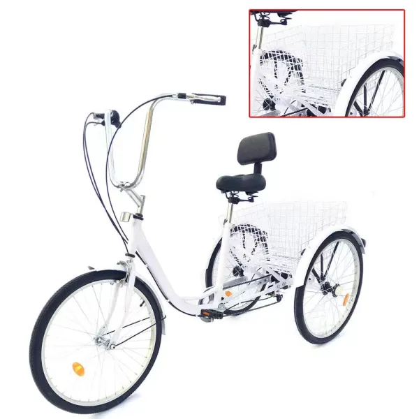 Tříkolka pro dospělé CNCEST 24" 6rychlostní 3 kola pro ženy Seniorská tříkolka pro dospělé s košíkem, Exkurze, Sportovní nákupy, Nákupy (bílá)