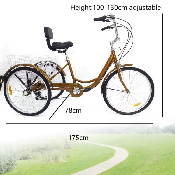 24" s košíkem, 6rychlostní tříkolka pro dospělé, nastavitelná řídítka s opěrkou pro muže, ženy, seniory