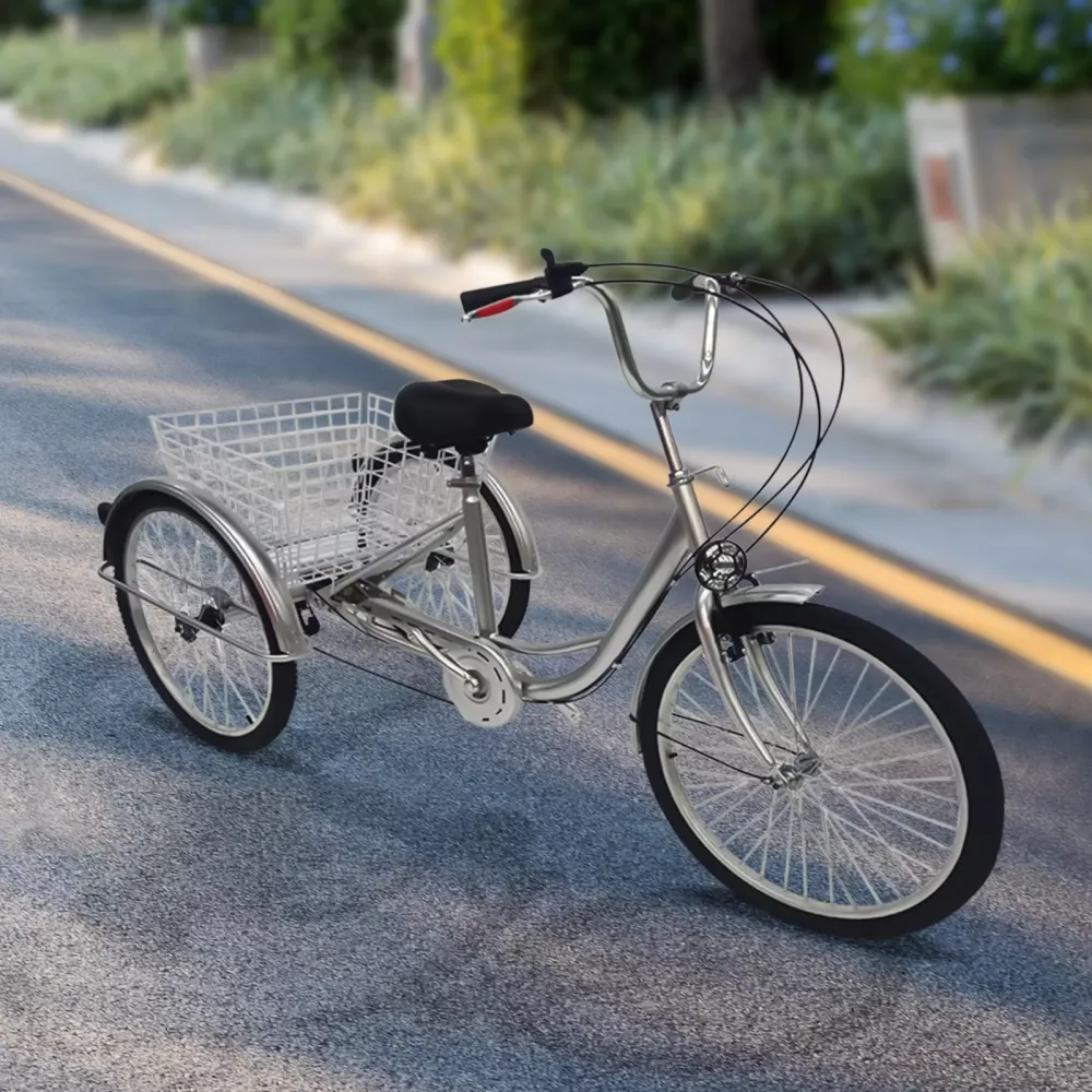 24" 3kolové kolo s košíkem, 6rychlostní kolo pro dospělé - Výškově nastavitelné - Pouzdro z uhlíkové oceli - Pro outdoorové sporty