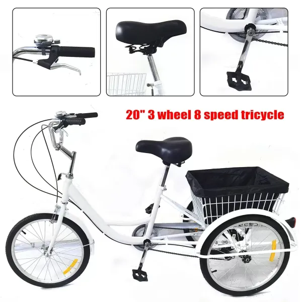 20" tříkolka pro dospělé, 8rychlostní tříkolové seniorské kolo s košíkem