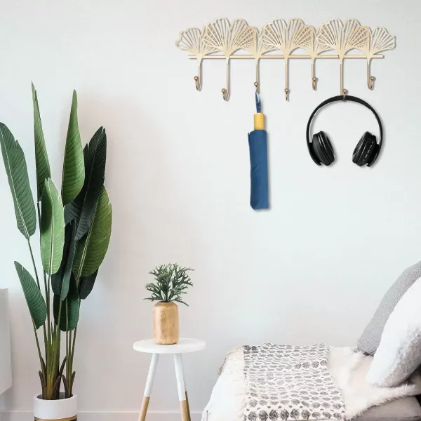 7 háčků Nástěnný věšák Ginkgo Leaf pro dekoraci obývacího pokoje Gold