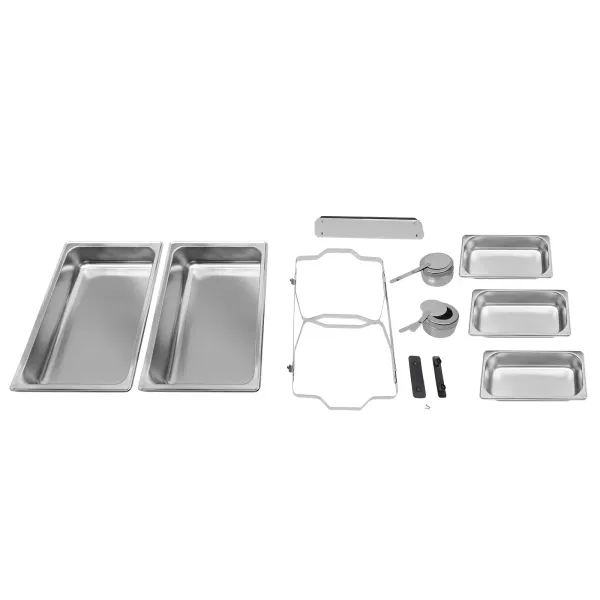 Ohřívač jídel z nerezové oceli o objemu 8 l s 1 pánví na vodu, 3 pánvemi, 2 držáky na palivo a 1 víkem, ohřívač jídla pro catering Ohřívač jídel z nerezové oceli o objemu 8 l s 1 pánví na vodu, 3 pánvemi, 2 držáky na palivo a 1 víkem, ohřívač jídla pro catering