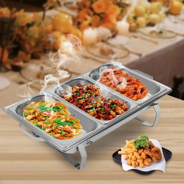 Ohřívač jídel z nerezové oceli o objemu 8 l s 1 pánví na vodu, 3 pánvemi, 2 držáky na palivo a 1 víkem, ohřívač jídla pro catering Ohřívač jídel z nerezové oceli o objemu 8 l s 1 pánví na vodu, 3 pánvemi, 2 držáky na palivo a 1 víkem, ohřívač jídla pro catering