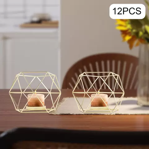 Sada 12 zlatých kovových držáků na čajové svíčky - Geometrické čajové svíčky