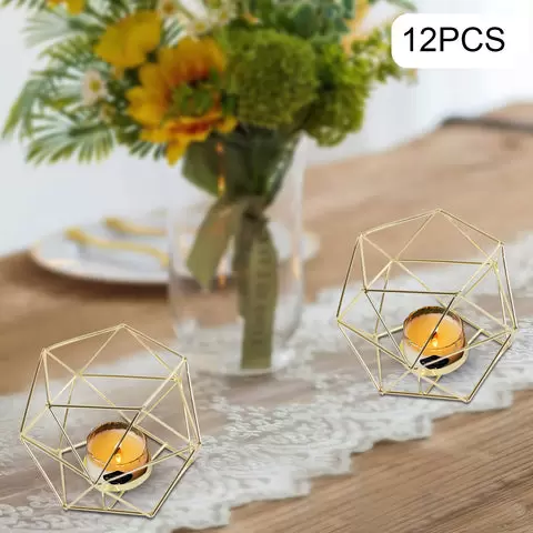 Sada 12 zlatých kovových držáků na čajové svíčky - Geometrické čajové svíčky