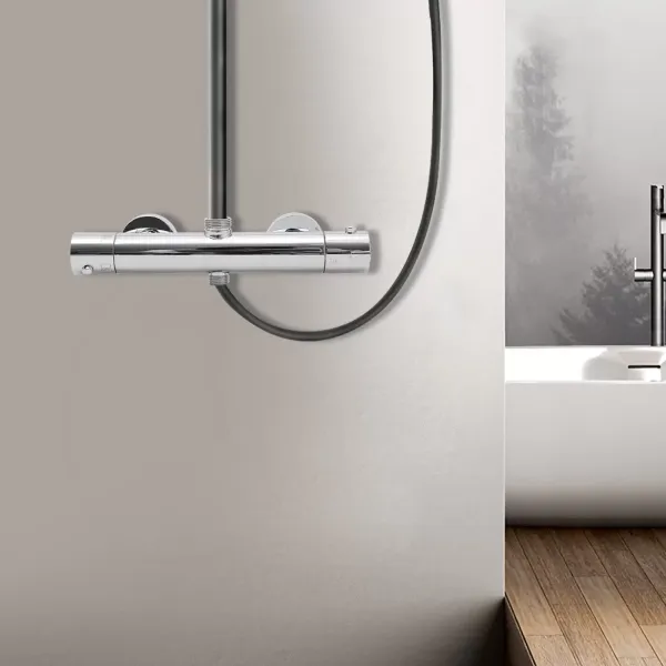 Kulatý sprchový termostat, sprchová baterie pro sprchu s nastavením teploty a průtoku, chrom, horní 3/4" BSP + spodní 1/2" BSP
