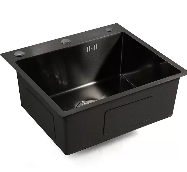 Kuchyňský dřez z nerezové oceli – s odtokovou deskou, dávkovačem mýdla, hadicí a ochranným krytem – matná černá