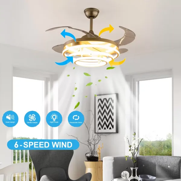 42" BT260 Tri-Ring zlatý závěsný ventilátor – tříbarevné proměnlivé světlo s frekvenční konverzí a dálkovým ovládáním – široké napětí