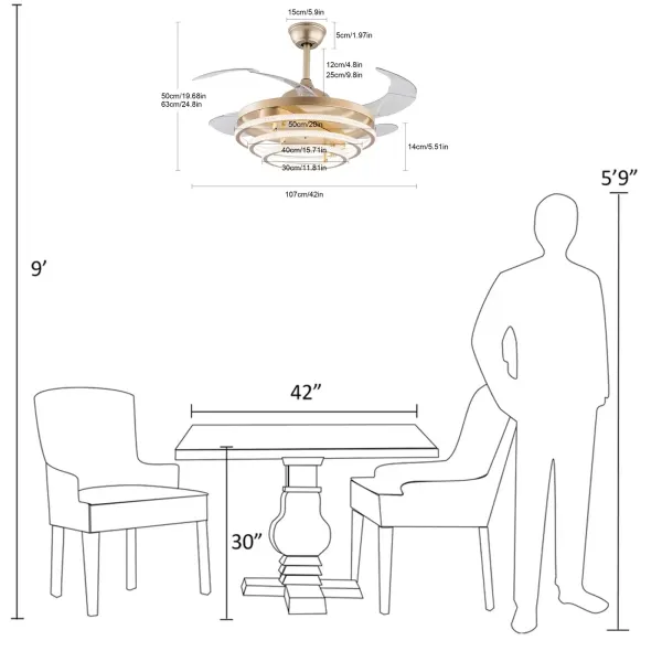 42" BT260 Tri-Ring zlatý závěsný ventilátor – tříbarevné proměnlivé světlo s frekvenční konverzí a dálkovým ovládáním – široké napětí