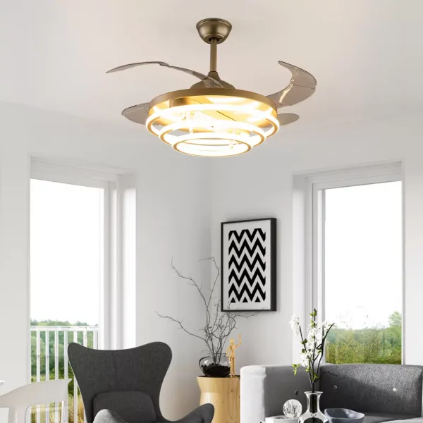 42" BT260 Tri-Ring zlatý závěsný ventilátor – tříbarevné proměnlivé světlo s frekvenční konverzí a dálkovým ovládáním – široké napětí