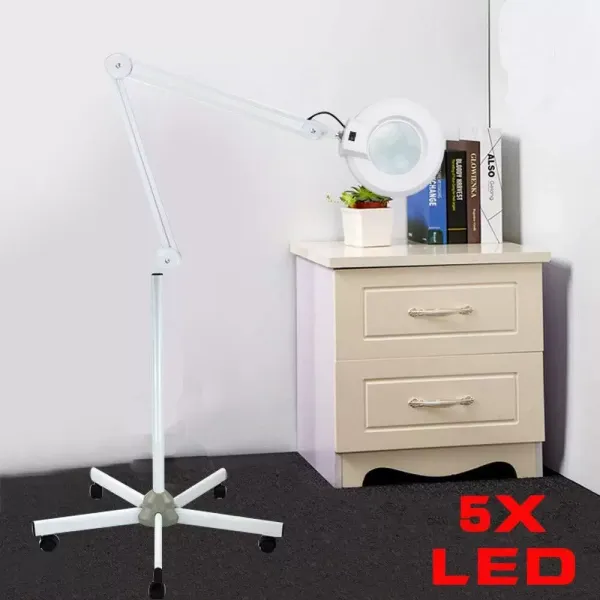 22W 5X LED lupa s mobilním stojanem a bílými kolečky Lupa Světlo pro kosmetický salon, lékařskou ordinaci (5 dioptrií)