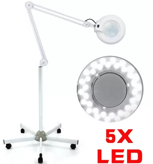 22W 5X LED lupa s mobilním stojanem a bílými kolečky Lupa Světlo pro kosmetický salon, lékařskou ordinaci (5 dioptrií)