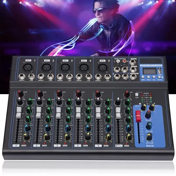 7kanálový Bluetooth audio mixážní pult USB DJ Sound 48V Phantom mixážní pult pro kytaristy, zpěváky nebo producenty 7kanálový Bluetooth audio mixážní pult USB DJ Sound 48V Phantom mixážní pult pro kytaristy, zpěváky nebo producenty