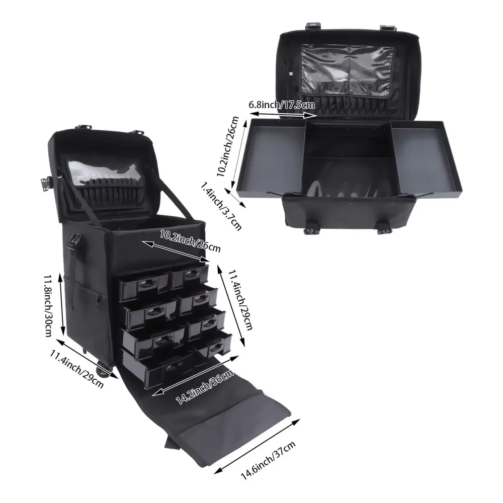 Rolling Makeup Case 2v1 velký rolovací kufr na make-up s krabičkou na nehty, černý