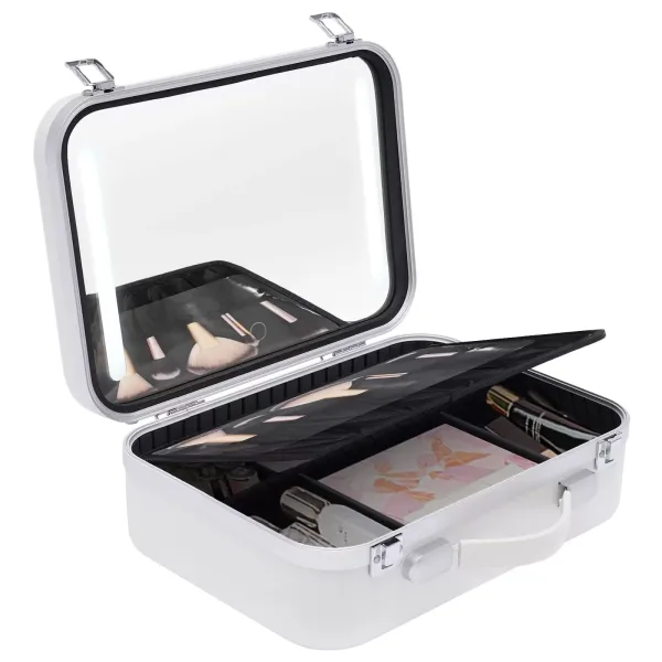 Taštička na make-up se zrcátkem a světly – Cestovní organizér na kosmetiku – Přenosná kosmetická taštička – Kosmetická krabička – Bílá Taštička na make-up se zrcátkem a světly – Cestovní organizér na kosmetiku – Přenosná kosmetická taštička – Kosmetická krabička – Bílá
