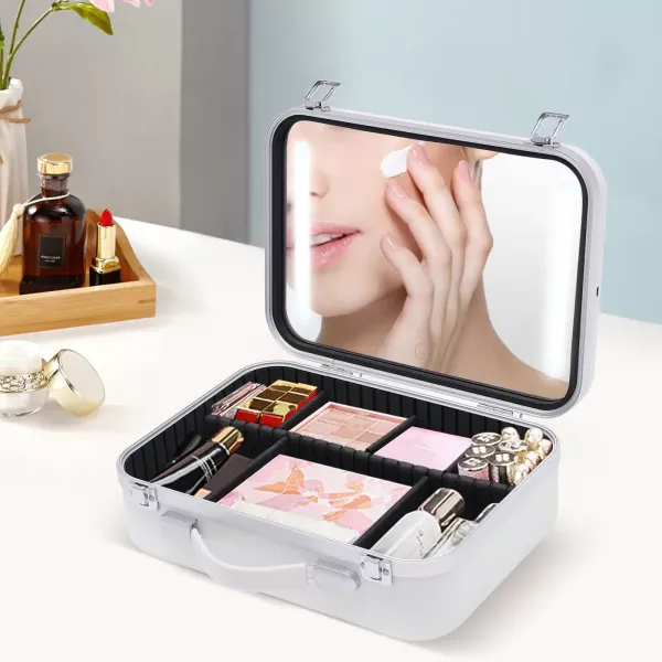 Taštička na make-up se zrcátkem a světly – Cestovní organizér na kosmetiku – Přenosná kosmetická taštička – Kosmetická krabička – Bílá