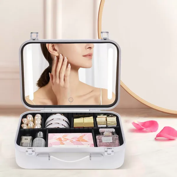 Taštička na make-up se zrcátkem a světly – Cestovní organizér na kosmetiku – Přenosná kosmetická taštička – Kosmetická krabička – Bílá