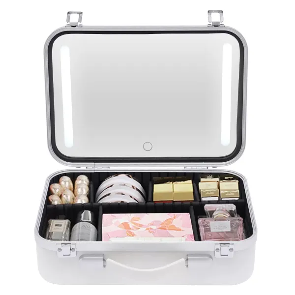 Taštička na make-up se zrcátkem a světly – Cestovní organizér na kosmetiku – Přenosná kosmetická taštička – Kosmetická krabička – Bílá Taštička na make-up se zrcátkem a světly – Cestovní organizér na kosmetiku – Přenosná kosmetická taštička – Kosmetická krabička – Bílá