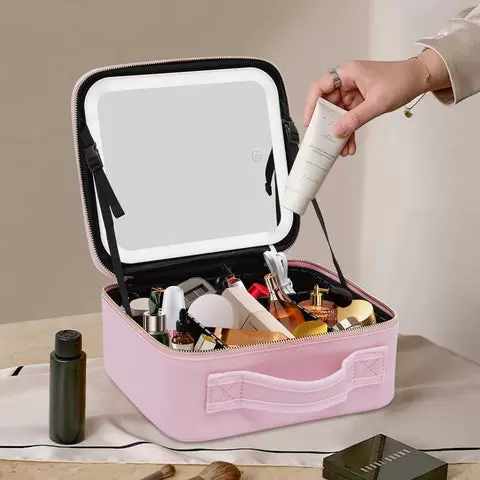 PU taštička na make-up pro ženy se zrcadlem a LED světlem