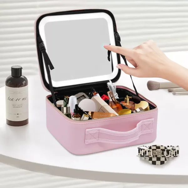 PU taštička na make-up pro ženy se zrcadlem a LED světlem, růžová