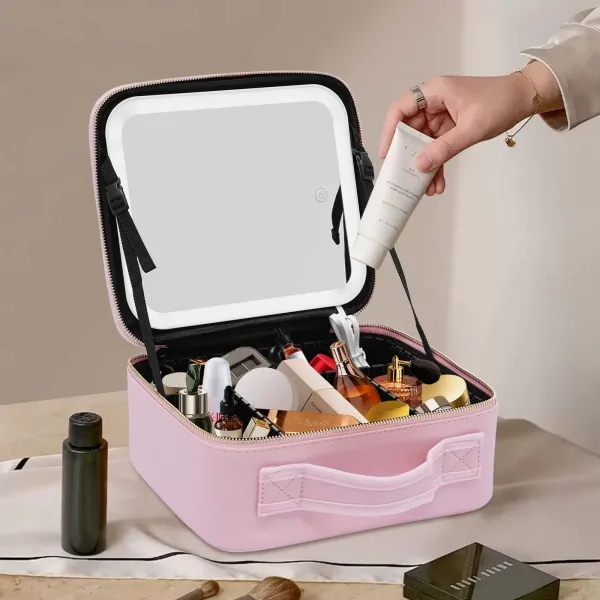 PU taštička na make-up pro ženy se zrcadlem a LED světlem, růžová
