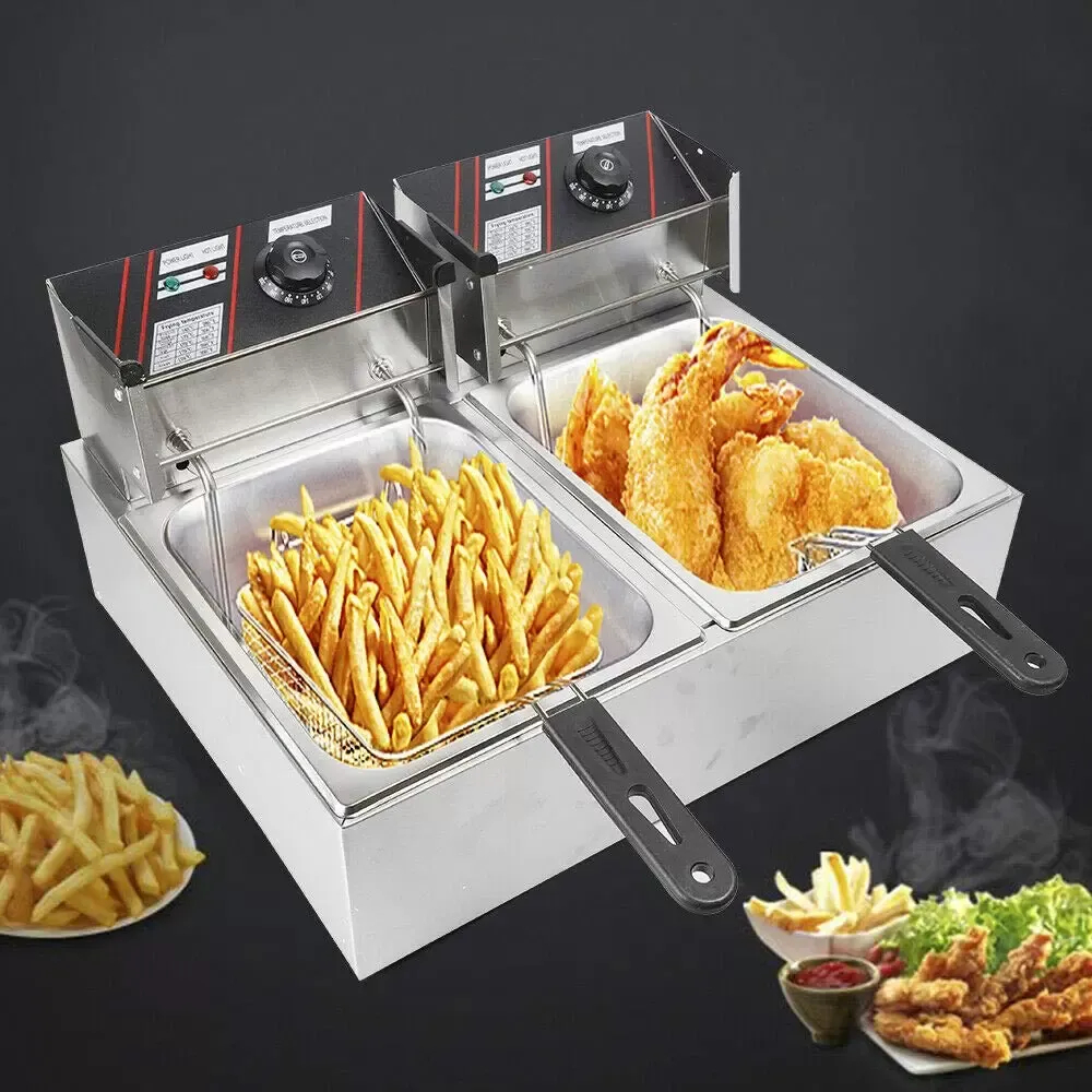 Nerezová dvojitá fritéza 12L studené zóny dvojitá elektrická fritéza Termostat 60-200°C s košem a víkem