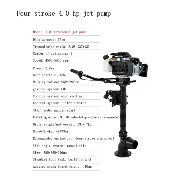 4HP 4taktní přívěsný lodní motor Benzínový motor Přívěsný motor Motor s tryskovým čerpadlem s průsvitnou palivovou nádrží chlazení větrem 55CC Ergonomický protiskluzový