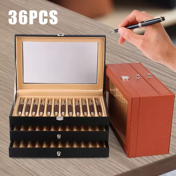 24/36 slotů Kožený držák na plnící pero s průhledným krytem Organizér na pera Sběratelská schránka