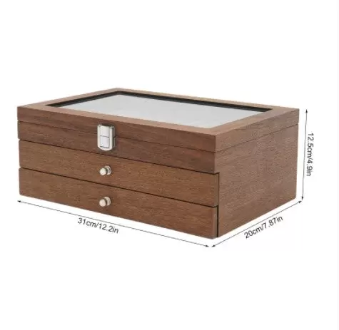 Úložný box na tužky s vitrínou, 3 vrstvy tužek, dřevěná vitrína 31 x 21 x 12,5 cm (ořech)