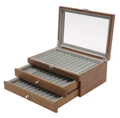 Úložný box na tužky s vitrínou, 3 vrstvy tužek, dřevěná vitrína 31 x 21 x 12,5 cm (ořech)