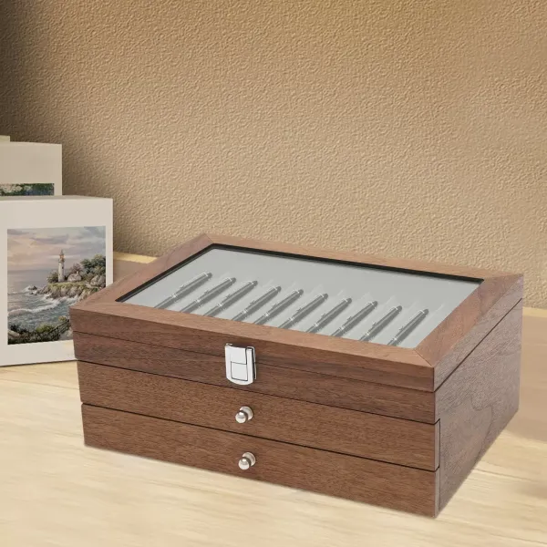 Úložný box na tužky s vitrínou, 3 vrstvy tužek, dřevěná vitrína 31 x 21 x 12,5 cm (ořech)