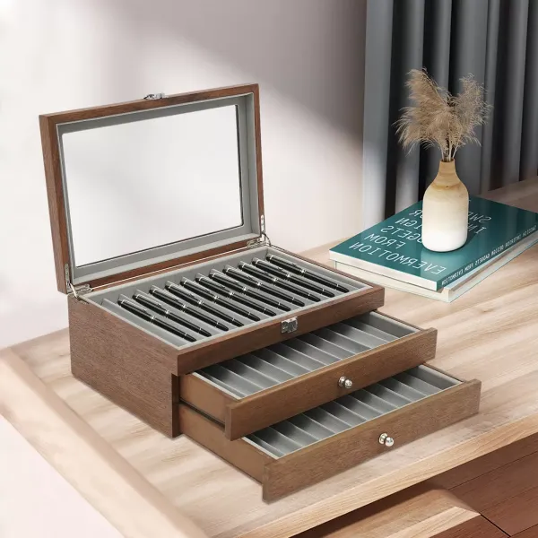 Úložný box na tužky s vitrínou, 3 vrstvy tužek, dřevěná vitrína 31 x 21 x 12,5 cm (ořech) Úložný box na tužky s vitrínou, 3 vrstvy tužek, dřevěná vitrína 31 x 21 x 12,5 cm (ořech)