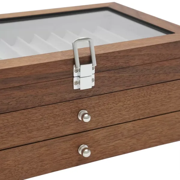 Úložný box na tužky s vitrínou, 3 vrstvy tužek, dřevěná vitrína 31 x 21 x 12,5 cm (ořech)