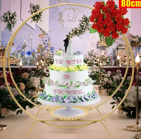 Svatební oblouk se 2 kroužky se stojanem na dort, Kovaný svatební oblouk, Dekorativní doplňky, Průměr: 80 cm