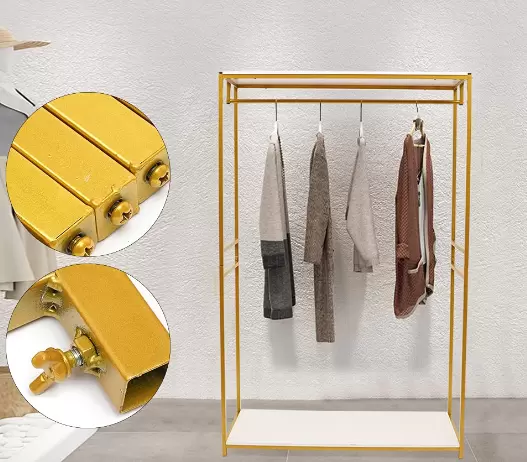 Zlatý věšák na kabáty s policí 120 x 45 x 188 cm Kovový věšák na svatební šaty Věšák na boty
