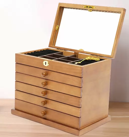 Velká 6patrová dřevěná šperkovnice s 5 zásuvkami, 2 skládacími skříňkami a zrcadlem – 29,5 x 18,5 x 25 cm – hnědá