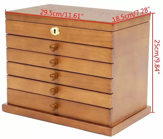 Velká 6patrová dřevěná šperkovnice s 5 zásuvkami, 2 skládacími skříňkami a zrcadlem – 29,5 x 18,5 x 25 cm – hnědá