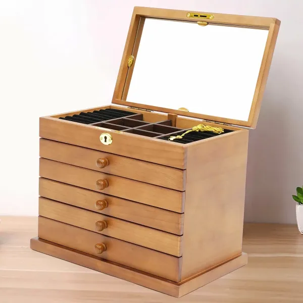 Velká 6patrová dřevěná šperkovnice s 5 zásuvkami, 2 skládacími skříňkami a zrcadlem – 29,5 x 18,5 x 25 cm – hnědá