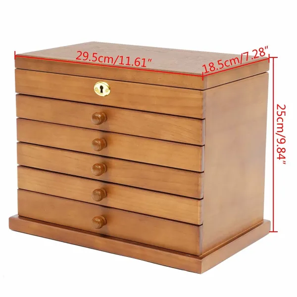 Velká 6patrová dřevěná šperkovnice s 5 zásuvkami, 2 skládacími skříňkami a zrcadlem – 29,5 x 18,5 x 25 cm – hnědá