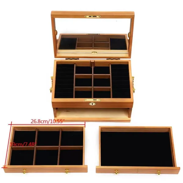 3patrová dřevěná šperkovnice se zrcadlovým zámkem a 3 zásuvkami hnědá 29 x 19 x 17 cm 3patrová dřevěná šperkovnice se zrcadlovým zámkem a 3 zásuvkami hnědá 29 x 19 x 17 cm