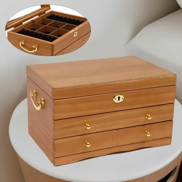 3patrová dřevěná šperkovnice se zrcadlovým zámkem a 3 zásuvkami hnědá 29 x 19 x 17 cm 3patrová dřevěná šperkovnice se zrcadlovým zámkem a 3 zásuvkami hnědá 29 x 19 x 17 cm