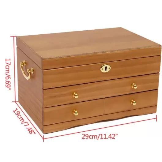 Fetcoi 3patrová dřevěná šperkovnice se zrcadlovým zámkem a 3 zásuvkami hnědá 29 x 19 x 17 cm