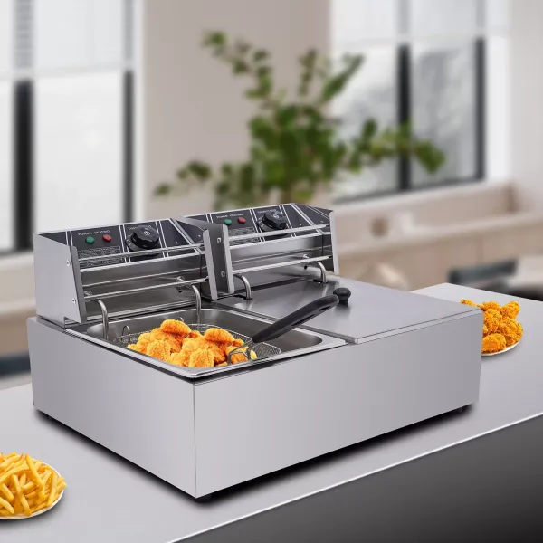 Elektrická fritéza 12L nerezová dvojitá fritéza se 2 košíky a víkem na hranolky, kuře, restauraci, domácnost