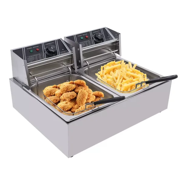 Elektrická fritéza 12L nerezová dvojitá fritéza se 2 košíky a víkem na hranolky, kuře, restauraci, domácnost