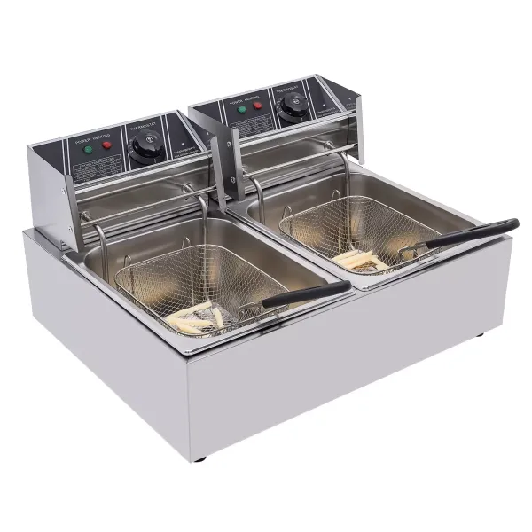 Elektrická fritéza 12L nerezová dvojitá fritéza se 2 košíky a víkem na hranolky, kuře, restauraci, domácnost Elektrická fritéza 12L nerezová dvojitá fritéza se 2 košíky a víkem na hranolky, kuře, restauraci, domácnost