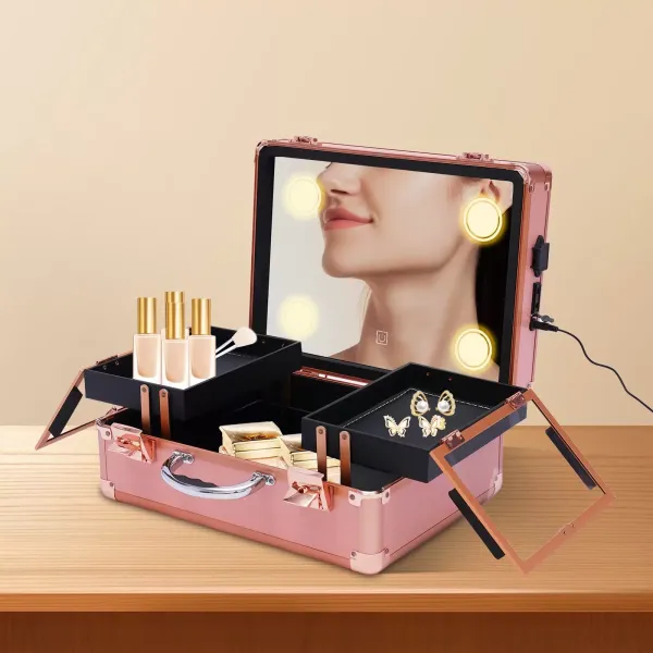 Makeup Train Case – Kosmetický organizér Makeup Case se světlem a zrcadlem/Pouzdro na make-up s jednotlivými přepážkami/Velká sada pro organizaci make-up Artist