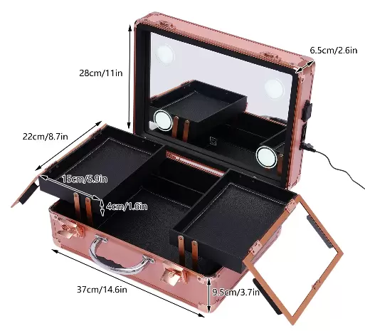 Makeup Train Case – Kosmetický organizér Makeup Case se světlem a zrcadlem/Pouzdro na make-up s jednotlivými přepážkami/Velká sada pro organizaci make-up Artist