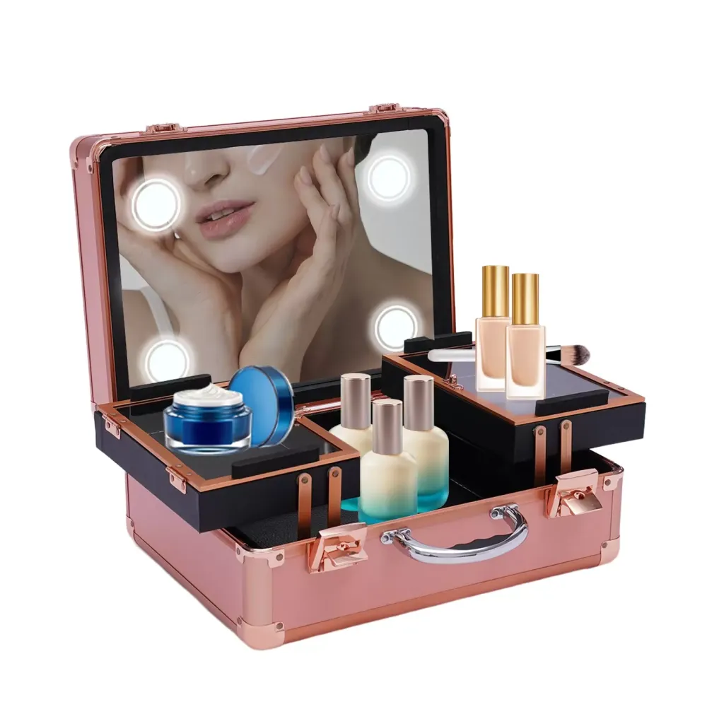 Makeup Train Case – Kosmetický organizér Makeup Case se světlem a zrcadlem/Pouzdro na make-up s jednotlivými přepážkami/Velká sada pro organizaci make-up Artist