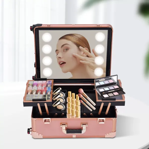 Make-up box, umyvadlo se 4 kolečky, osvětlení, zrcadlo, profesionální umyvadlo, snadno čistitelné víko a police